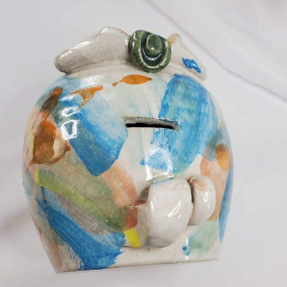 Vtg Piggy Bank Studio Art Pottery Ceramic Glazed Pig, Cowboy Hat & Large Snout - Picture 6 of 16